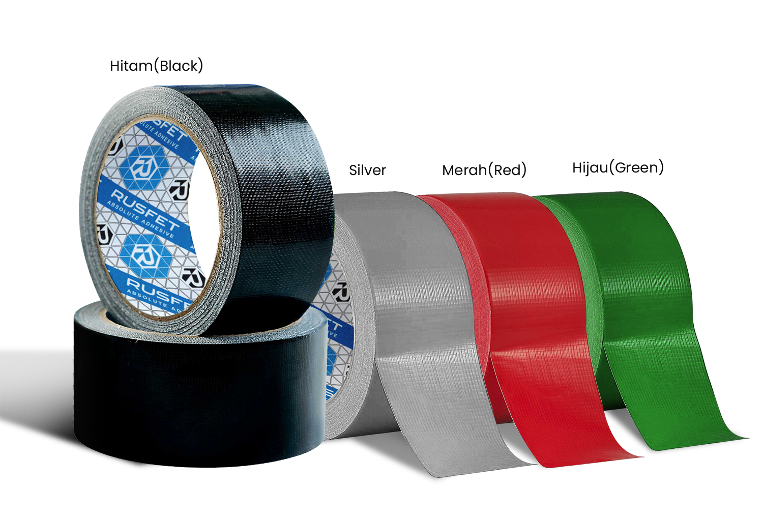 <h3><strong>Rusfet Clotch Tape (Black, Green, Silver, Red)</strong></h3><p>Lakban kain serbaguna dengan ketebalan <strong>250 micron</strong>, memiliki daya rekat tinggi, kuat, namun tetap mudah disobek dengan tangan. Tersedia dalam pilihan warna <strong>Hitam, Hijau, Silver, dan Merah</strong>. Cocok digunakan untuk kebutuhan industri, konstruksi, perbaikan umum, hingga penggunaan rumah tangga. Memberikan hasil rekat rapi, kuat, dan tahan lama.</p><p><br></p>