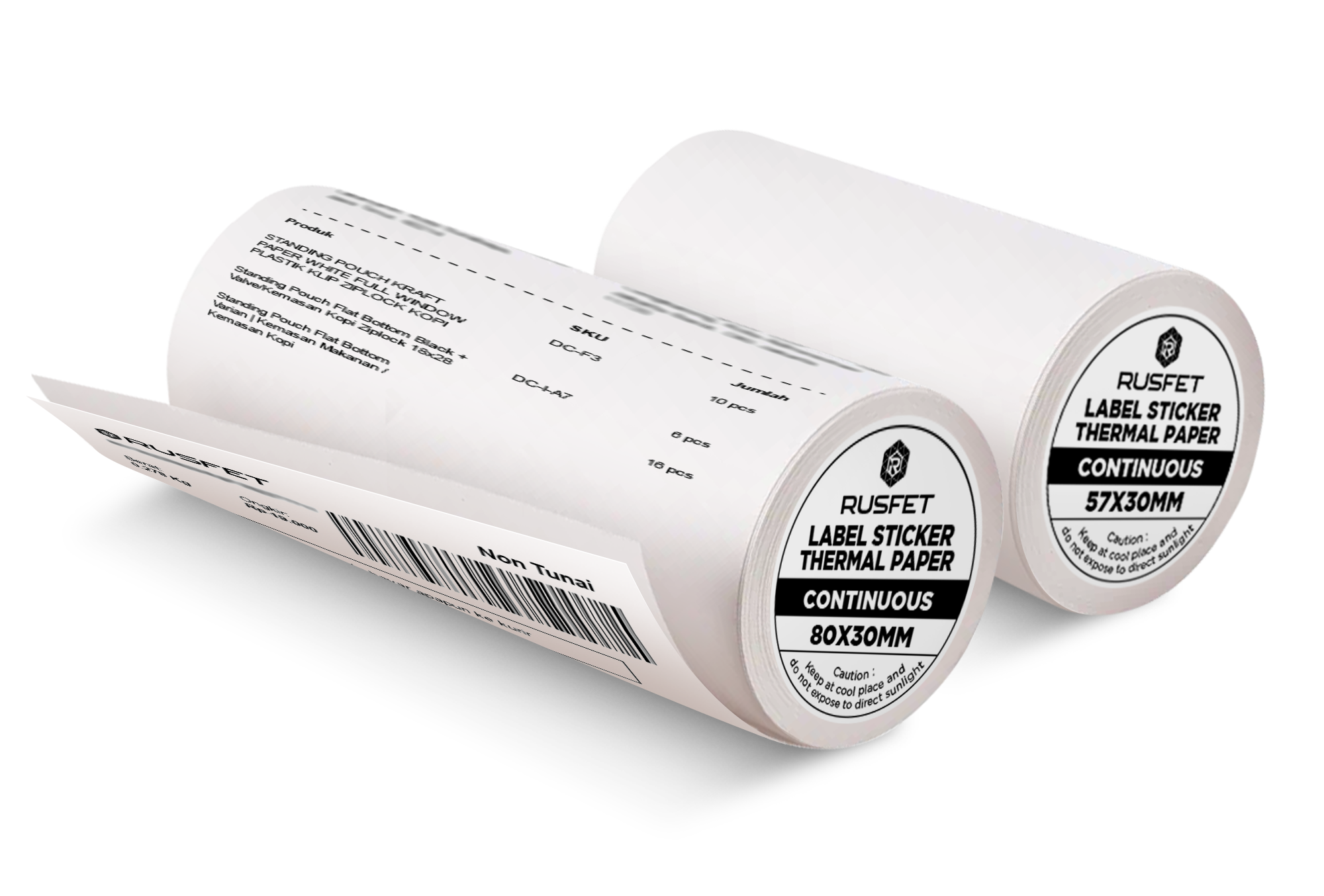 <p><strong>RUSFET Label Thermal Continuous With Core</strong> adalah label thermal gulungan tanpa batas potong (continuous roll) yang dirancang untuk pencetakan fleksibel sesuai panjang kebutuhan. Menggunakan <strong>teknologi thermal direct</strong>, label ini <strong>tidak memerlukan tinta atau ribbon</strong>, menghasilkan cetakan yang <strong>tajam, cepat, dan bersih</strong>.&nbsp;</p>