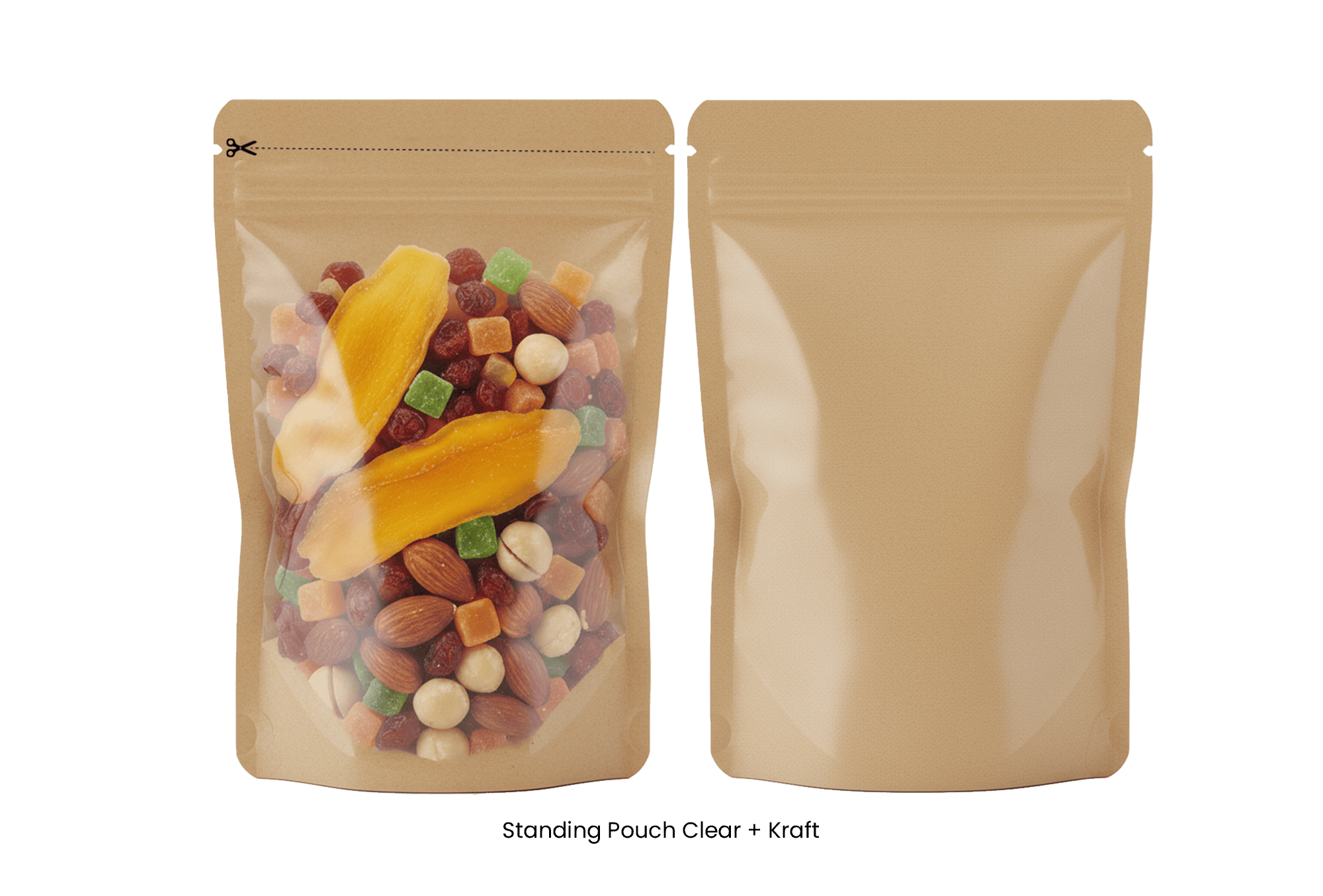 <p><strong>DELKOCHOICE Standing Pouch Clear + Kraft</strong> merupakan kemasan fleksibel berkualitas tinggi yang memadukan sisi depan <strong>transparan (Clear)</strong> untuk menampilkan isi produk dengan sisi belakang <strong>kraft paper natural</strong> yang memberikan kesan premium dan ramah lingkungan.</p><p>Pouch ini tersedia dalam dua varian ketebalan:</p><ul><li><strong>(65 um / 100 um)</strong> – Varian premium dengan lapisan lebih tebal, kuat, dan tahan terhadap udara serta kelembapan.</li><li><strong>(40 um / 100 um)</strong> – Varian ekonomis dengan harga lebih terjangkau namun tetap fungsional dan menarik.</li></ul>