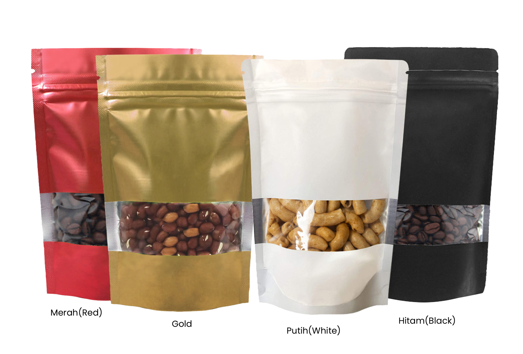 <p><strong>DELKOCHOICE STANDING POUCH METALIZING WINDOW COLOR SERIES</strong></p><p>Delkochoice Standing Pouch Metalizing Window Color Series merupakan kemasan modern dengan tampilan mewah dan mengkilap, tersedia dalam pilihan warna <strong>Gold, Red, Black, dan White</strong>. Terbuat dari bahan <strong>metalizing tebal 90 mikron</strong> yang kuat, lentur, dan tahan terhadap kelembapan, sehingga mampu menjaga kesegaran isi produk lebih lama.</p>