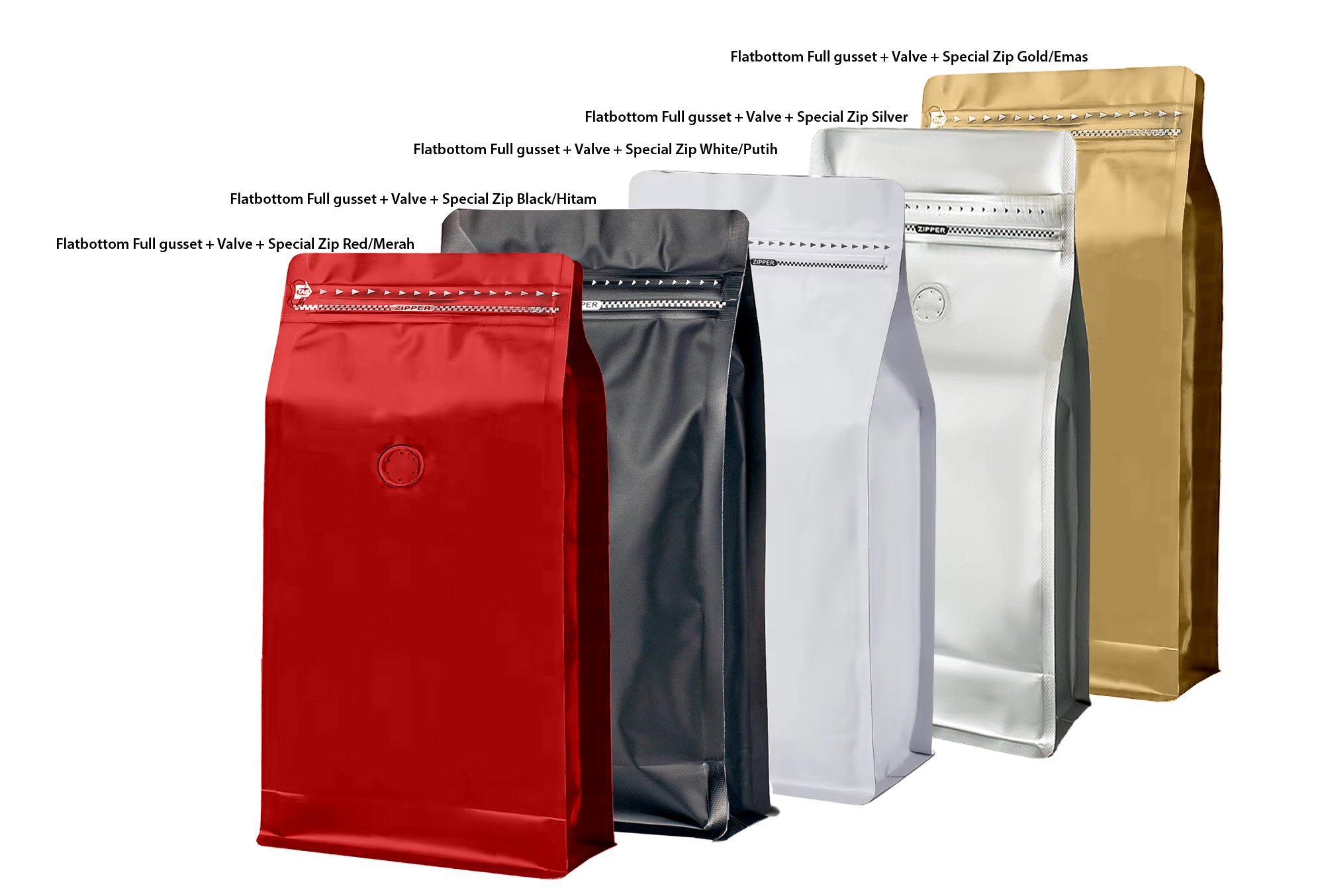 <p><strong>DELKOCHOICE FLATBOTTOM FULL GUSSET + VALVE + SPECIAL ZIP (BLACK, WHITE, RED, SILVER, GOLD)</strong></p><p>Delkochoice Flatbottom Full Gusset + Valve + Special Zip adalah kemasan premium yang dirancang untuk produk kopi dan bahan kering berkualitas tinggi. Menggunakan material <strong>full MPET tebal</strong>, kemasan ini memberikan perlindungan maksimal terhadap udara, cahaya, dan kelembapan.</p><p>Dilengkapi <strong>one-way valve</strong> untuk menjaga aroma alami kopi tetap segar dan <strong>special ziplock</strong> yang kuat, memungkinkan kemasan dibuka-tutup berulang tanpa mengurangi kualitas isi. Desain <strong>flat bottom</strong> membuat kemasan berdiri stabil, dengan <strong>side gusset lebar</strong> yang menambah kapasitas dan tampilan profesional.</p>